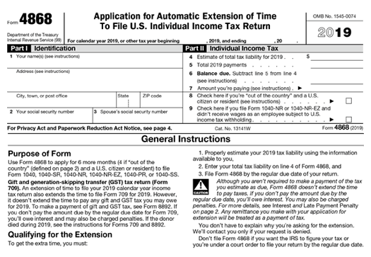 2019 Form 4868 | Personal Tax Extension Form 4868 | E-file 4868